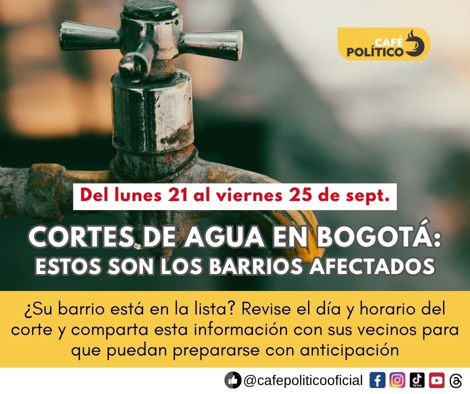 Cortes de agua en Bogotá del 21 al 25 de septiembre: localidades y barrios afectados