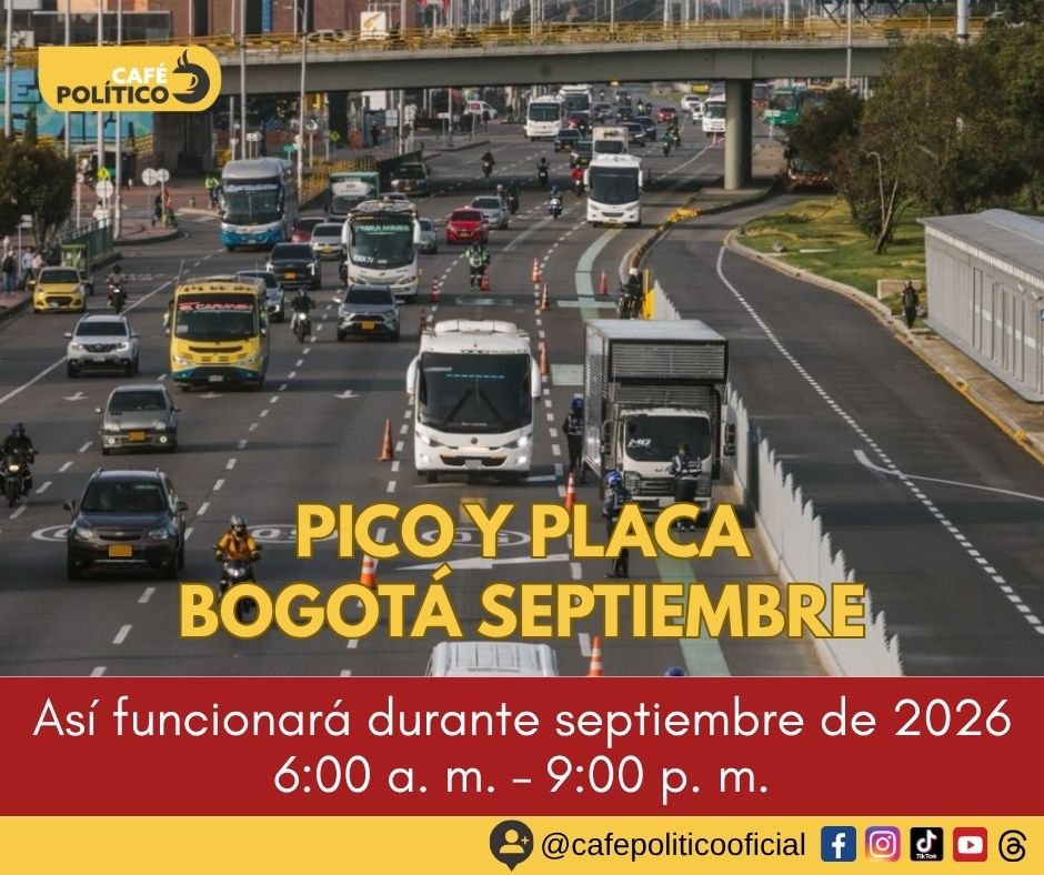 Pico y placa en Bogotá septiembre 2026: calendario completo, horarios y placas que pueden circular