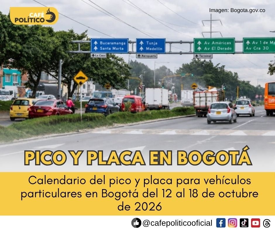 Pico y placa en Bogotá del 12 al 18 de octubre de 2026: días, placas y horarios